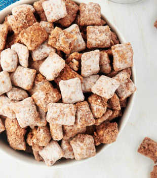 overhead view of muddy buddies in a white bowl