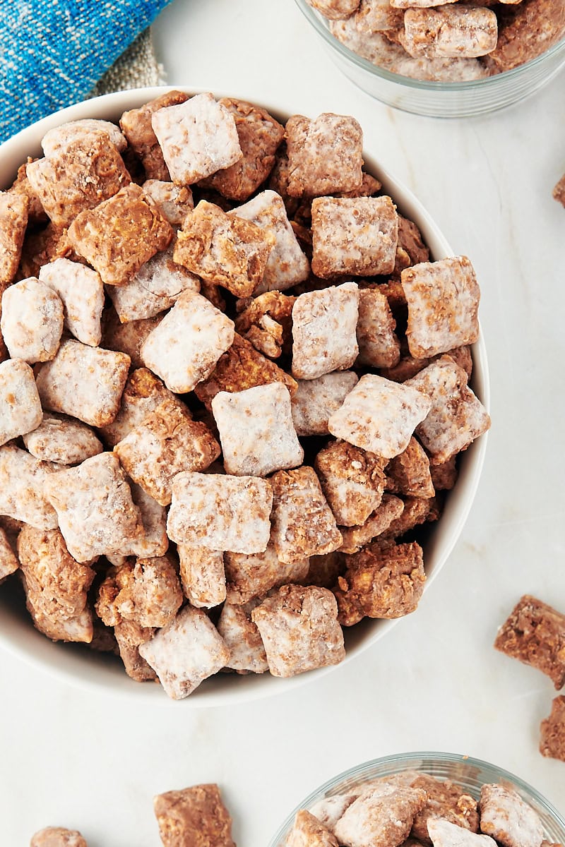 overhead view of muddy buddies in a white bowl