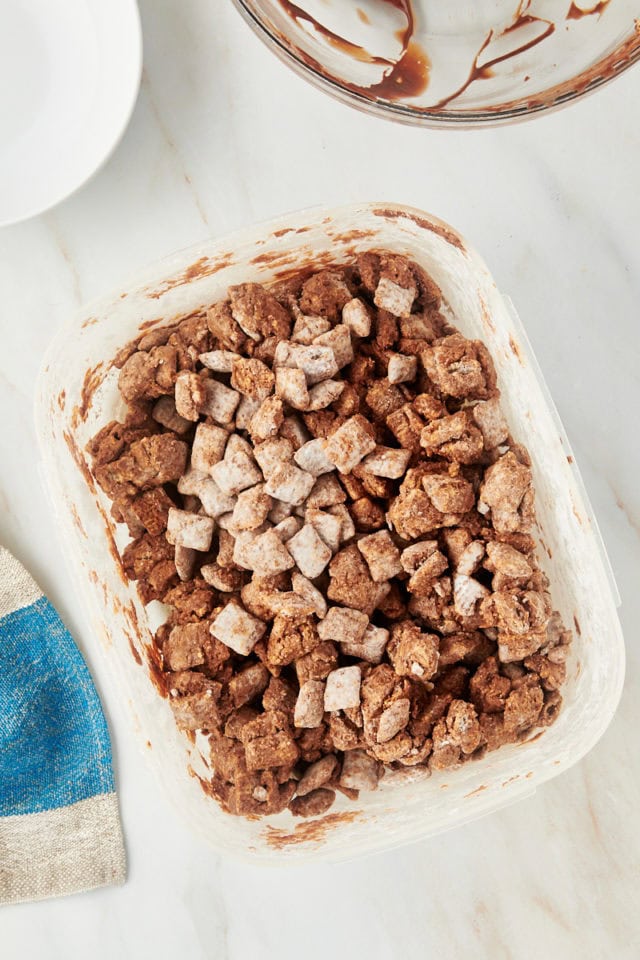 overhead view of muddy buddies in a plastic container