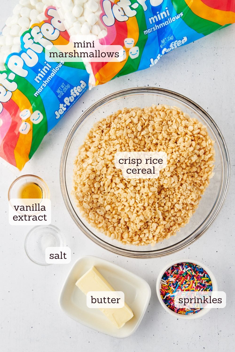 overhead view of labeled ingredients for rice crispy treats