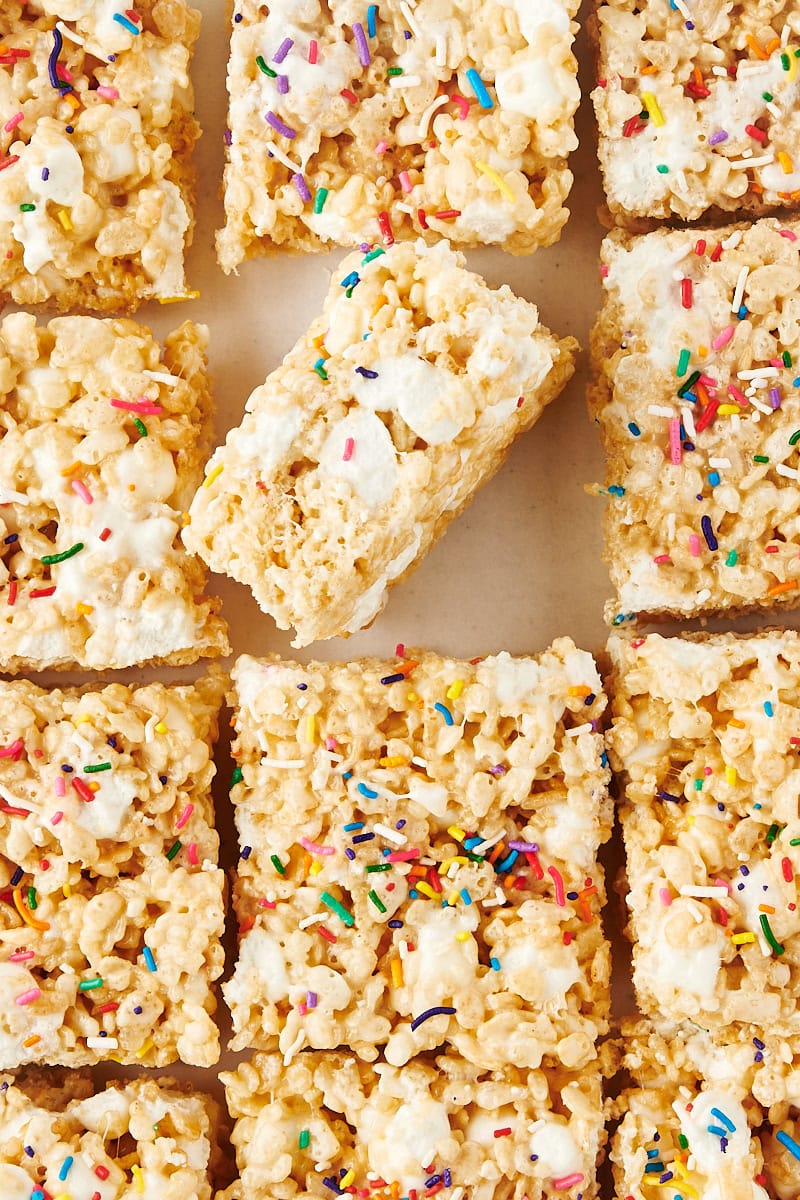 overhead view of rice crispy treats with one turned on its side