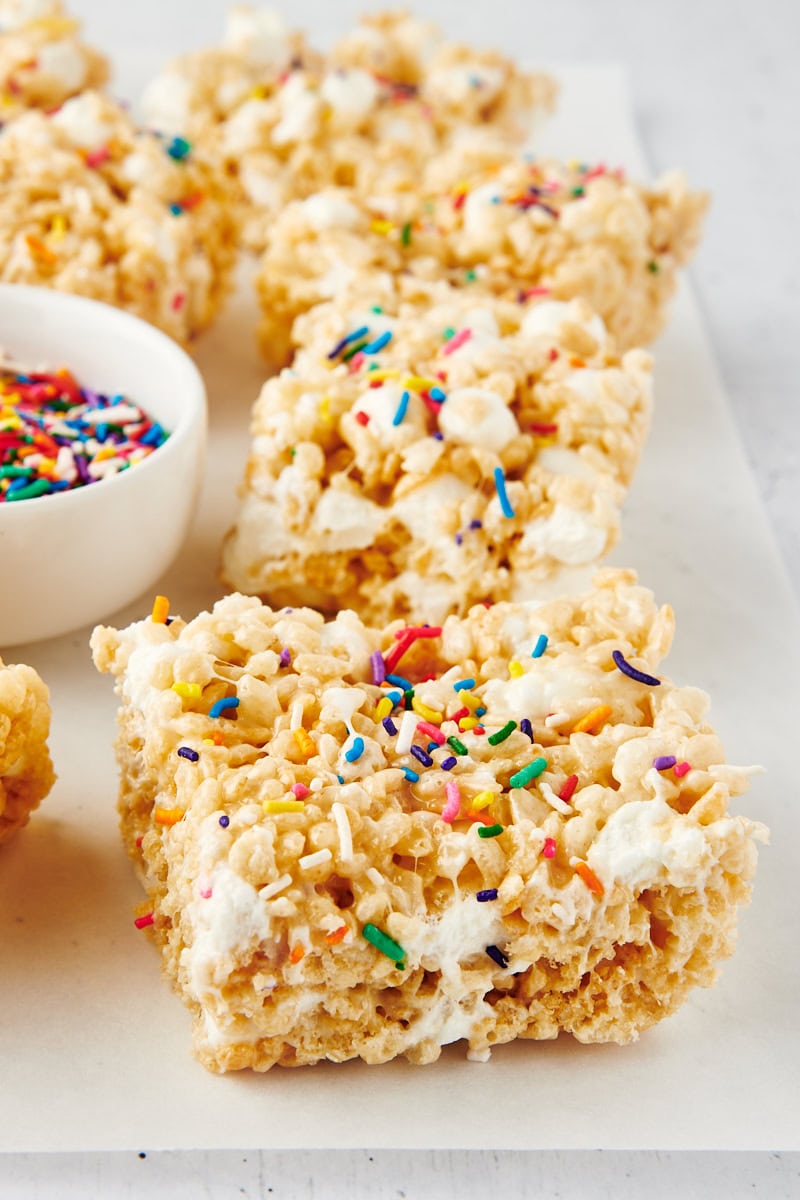 rice crispy treats on white parchment paper