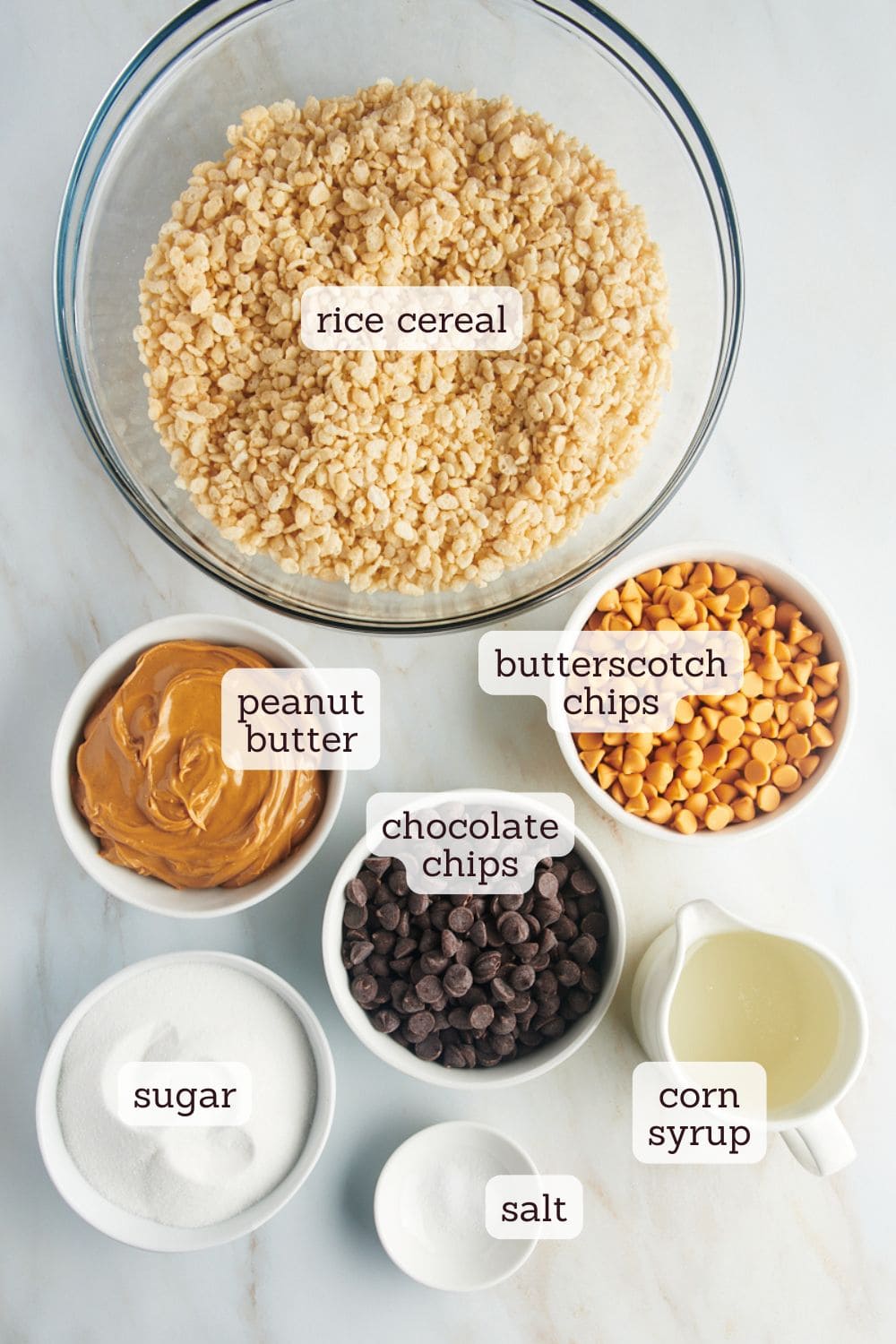 overhead view of labeled ingredients for scotcheroos