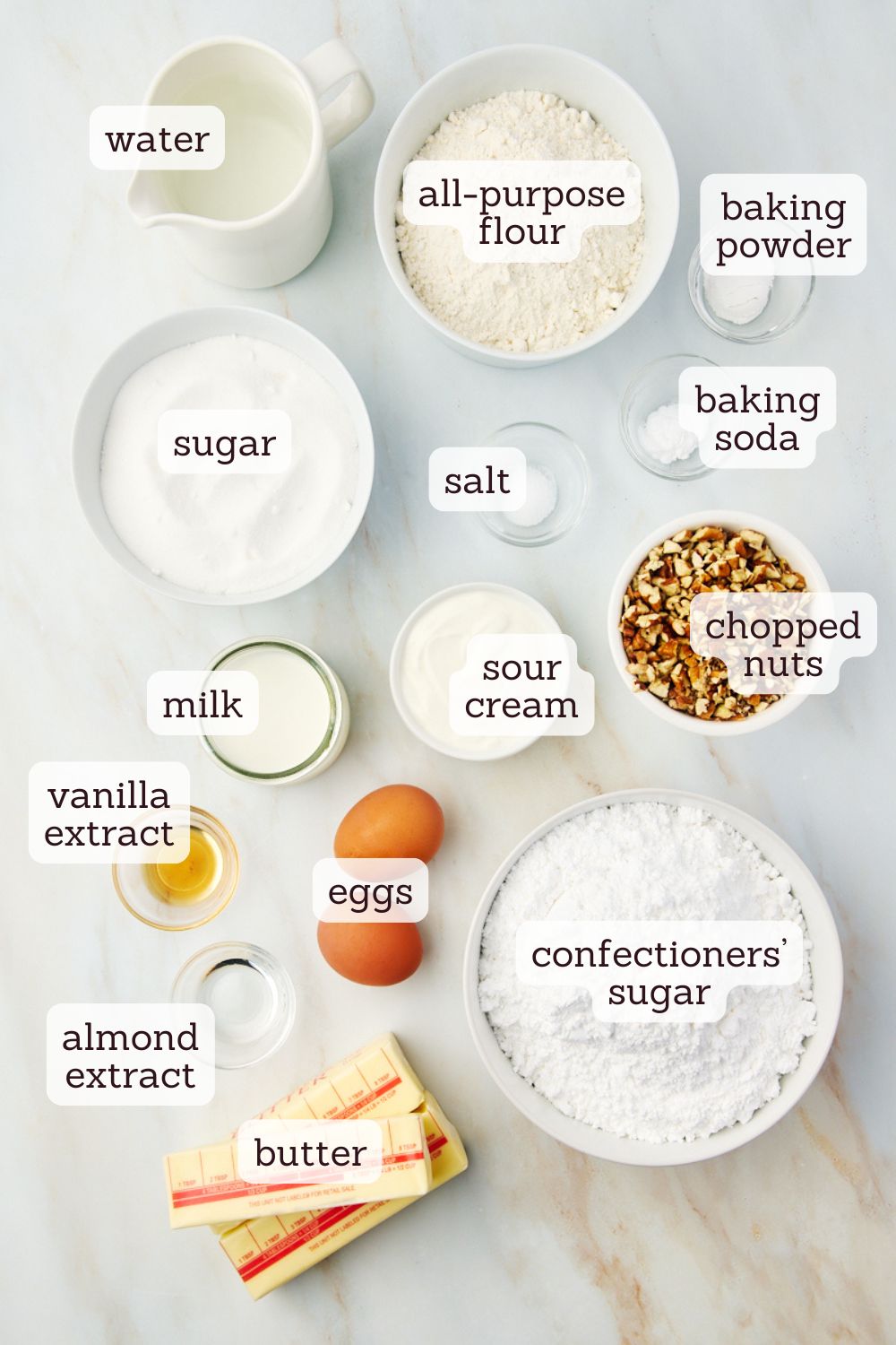 overhead view of labeled ingredients for white Texas sheet cake