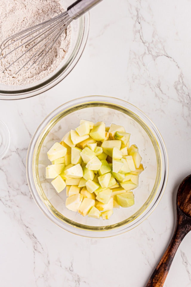 overhead view of diced apples tossed with lemon juice