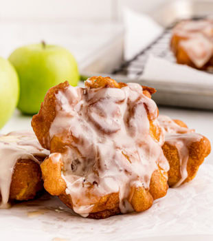 close-up of a maple-glazed apple fritter