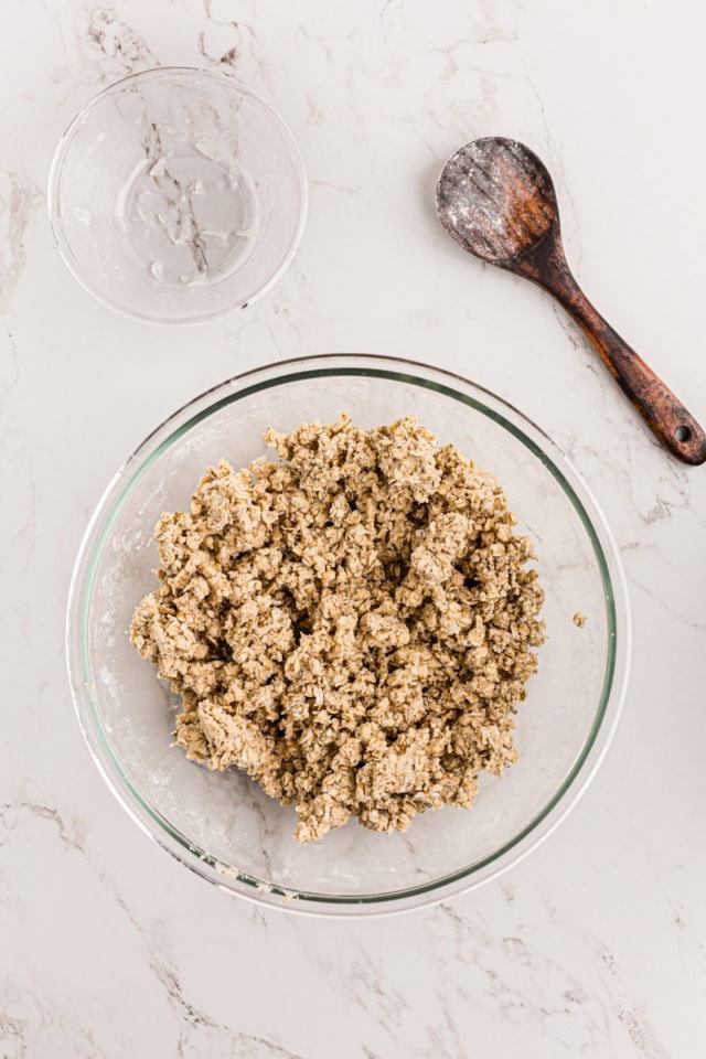 overhead view of mixed crust for caramel oatmeal bars