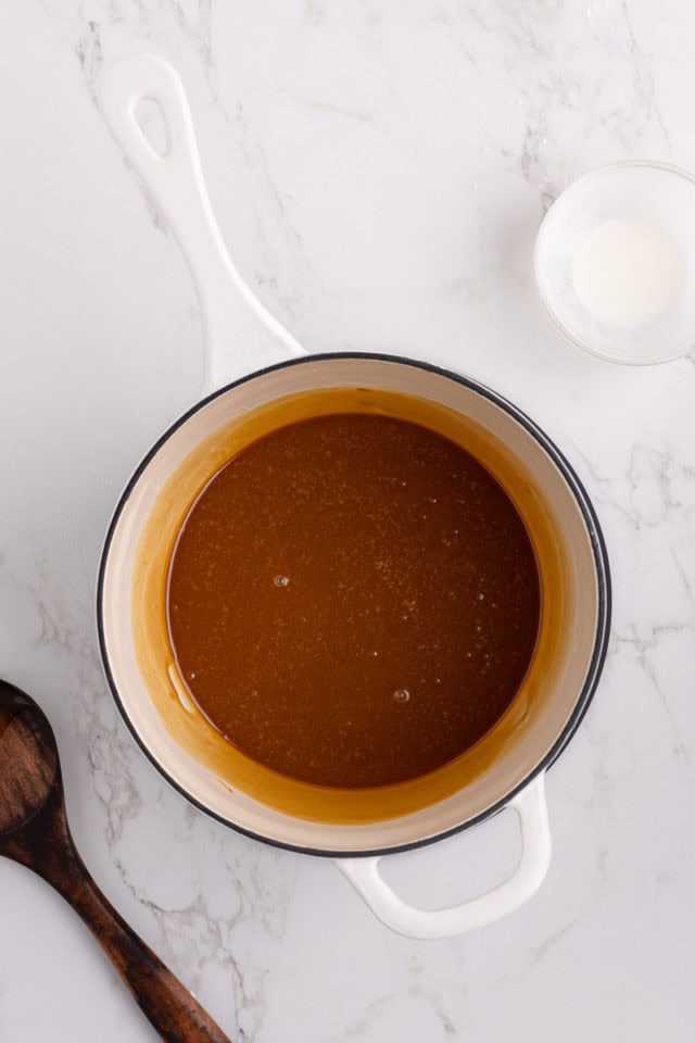 overhead view of caramel filling for caramel oatmeal bars