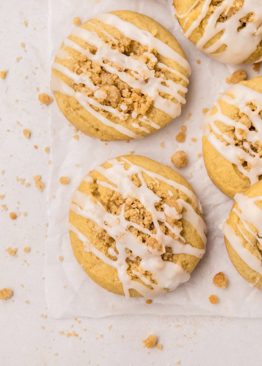 overhead view of glazed coffee cake cookies on parchment paper