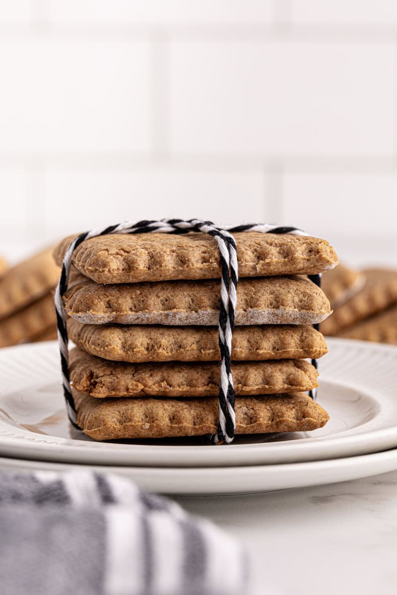 stack of five homemade graham crackers tied in baker's twine