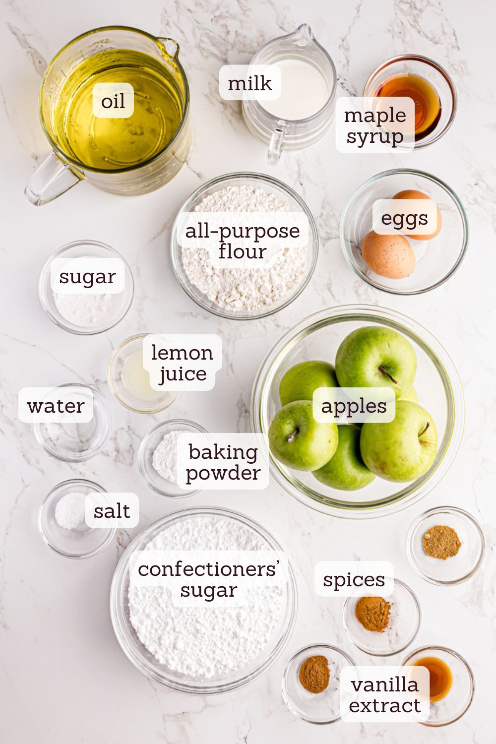 overhead view of labeled ingredients for apple fritters