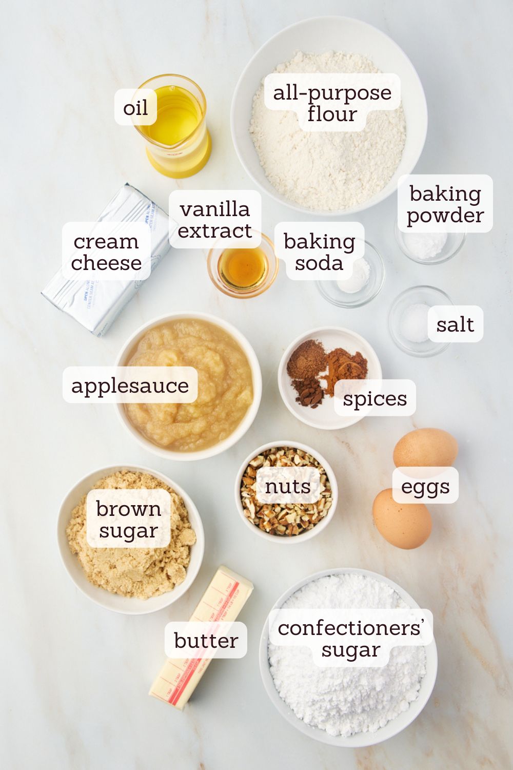 overhead view of labeled ingredients for applesauce cake