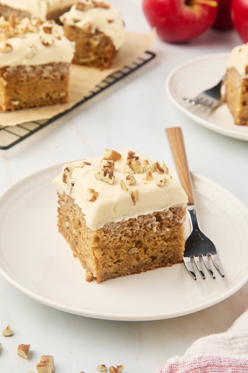 a slice of applesauce cake and a fork on a white plate