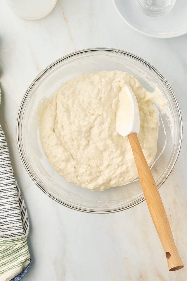 overhead view of mixed butter swim biscuits dough