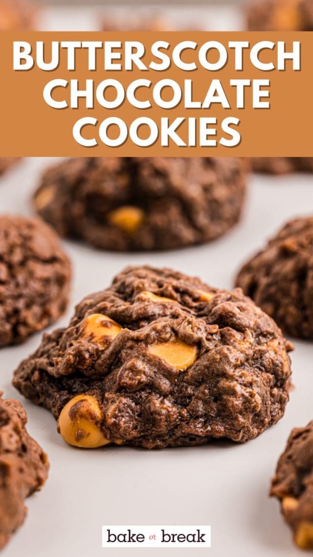 butterscotch chocolate cookies on parchment paper; text overlay "butterscotch chocolate cookies bake or break"