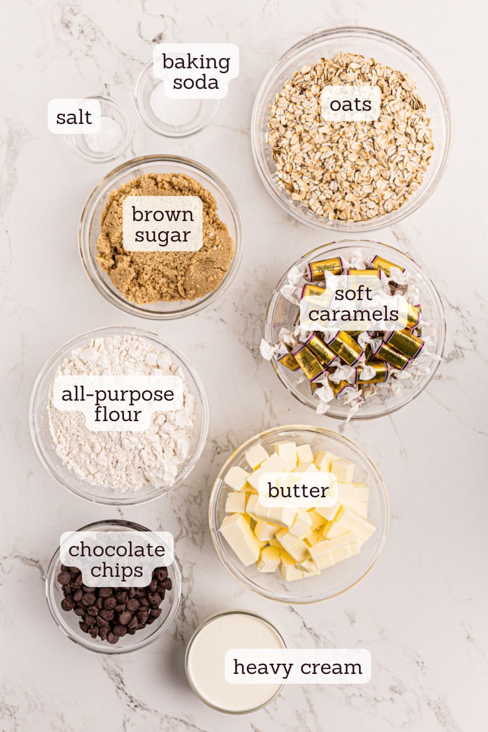 overhead view of labeled ingredients for caramel oatmeal bars