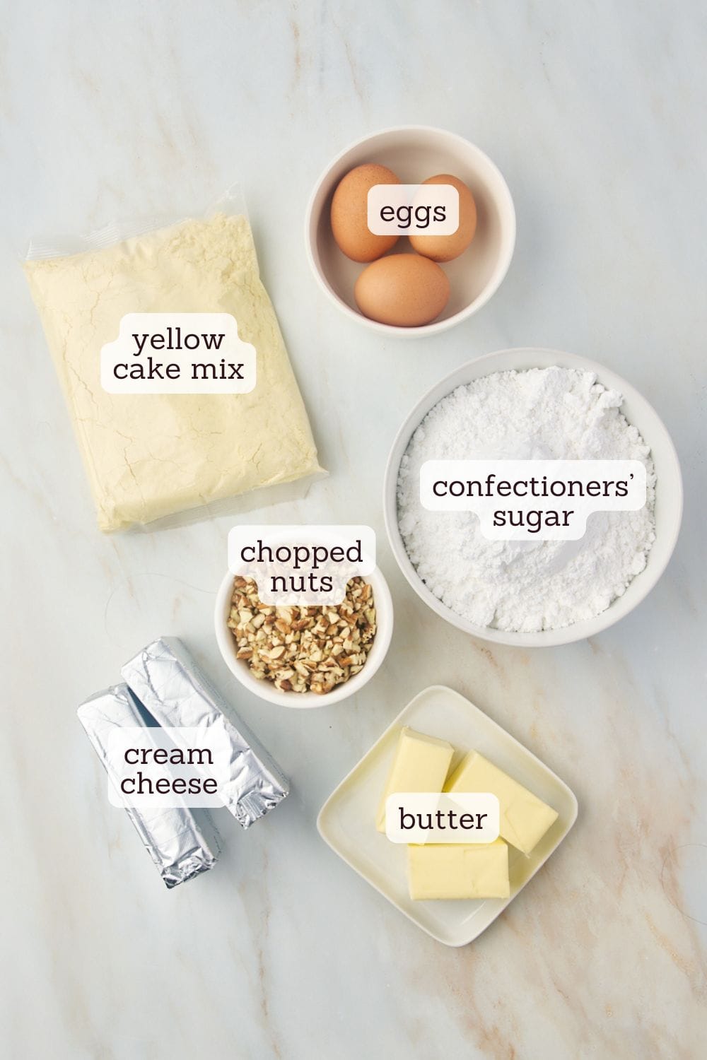 overhead view of labeled ingredients for chess squares