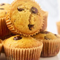 chocolate chip muffins piled on a white plate