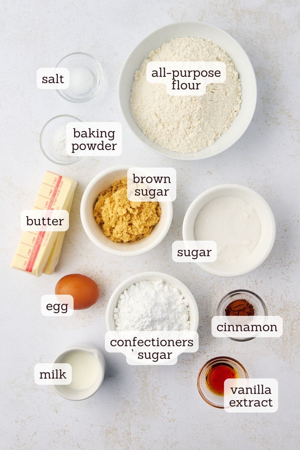 overhead view of labeled ingredients for coffee cake cookies