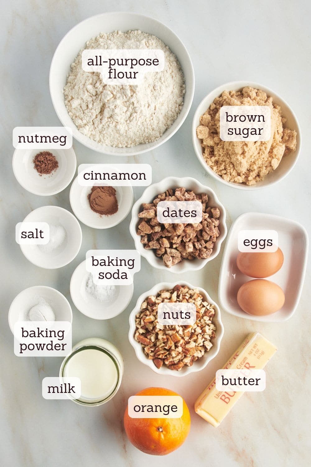 overhead view of labeled ingredients for date nut muffins