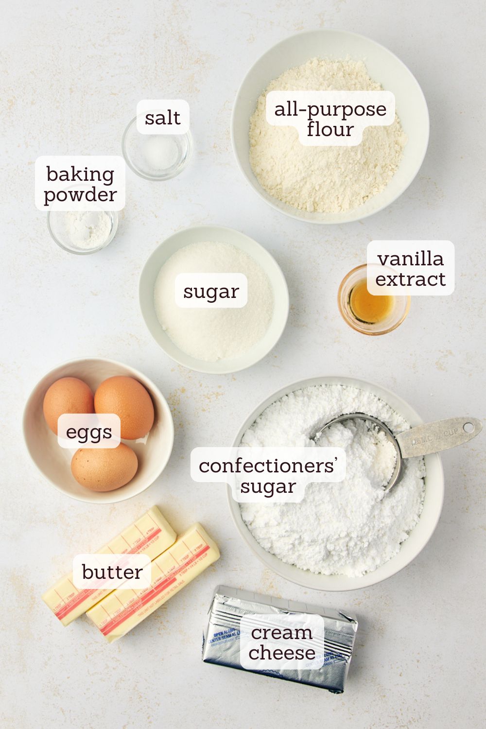 overhead view of labeled ingredients for gooey butter cake