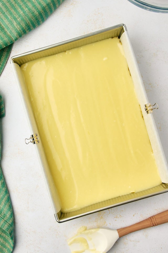 overhead view of gooey butter cake assembled and ready to go into the oven