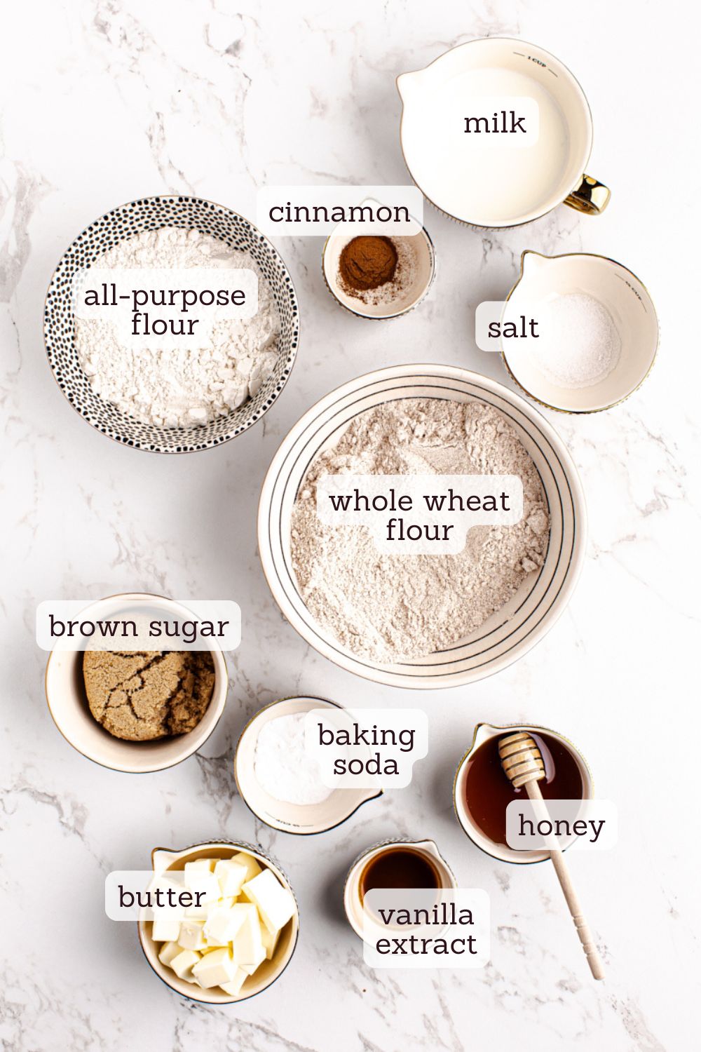 overhead view of labeled ingredients for homemade graham crackers