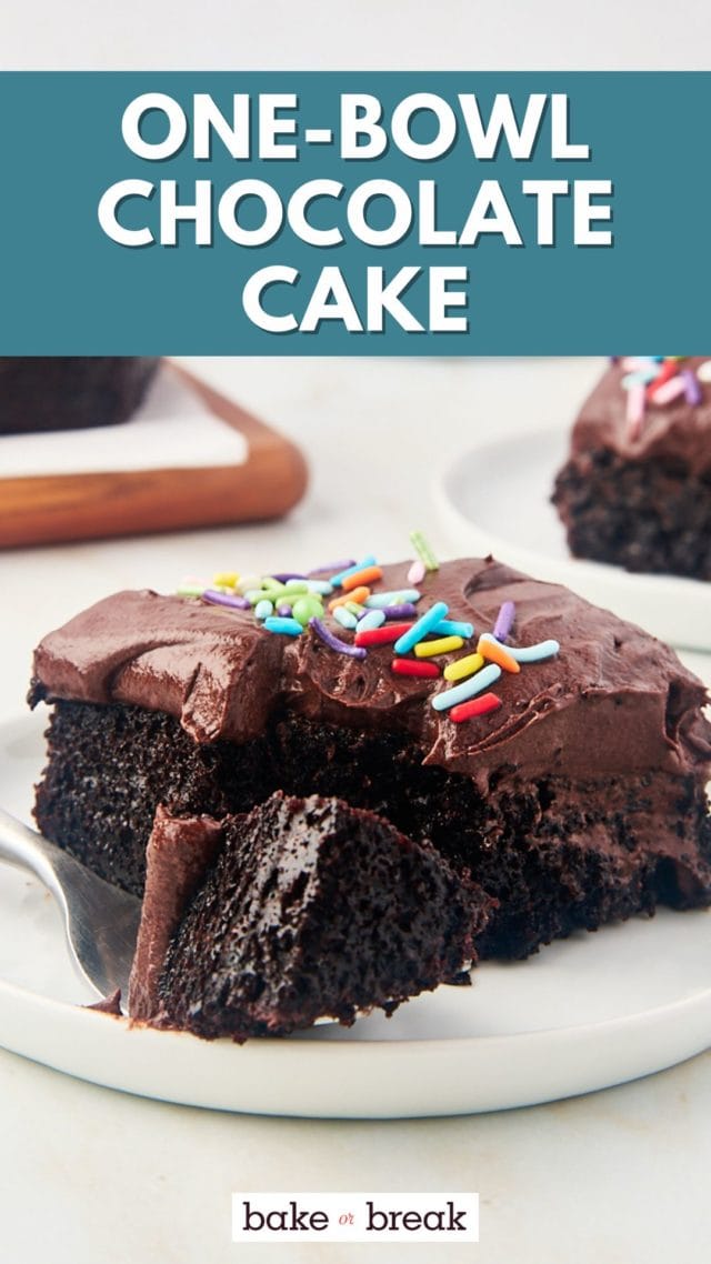 close up view of a slice of one-bowl chocolate cake with a bite on a fork; text overlay "one-bowl chocolate cake bake or break"