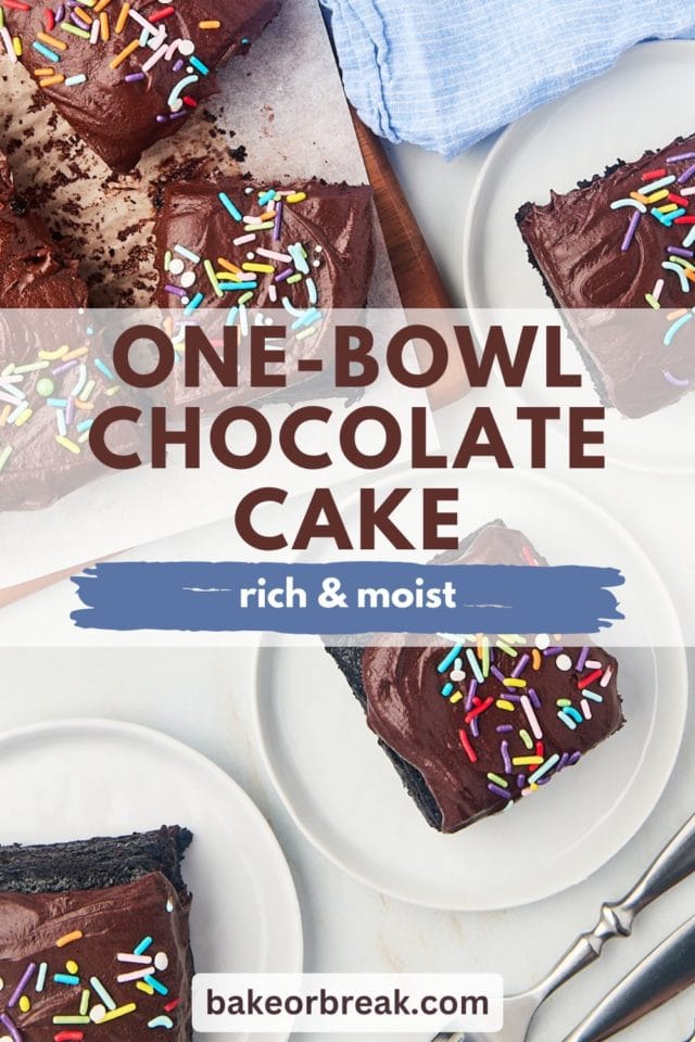 overhead view of slices of one-bowl chocolate cake; text overlay "one-bowl chocolate cake rich & moist bakeorbreak.com"