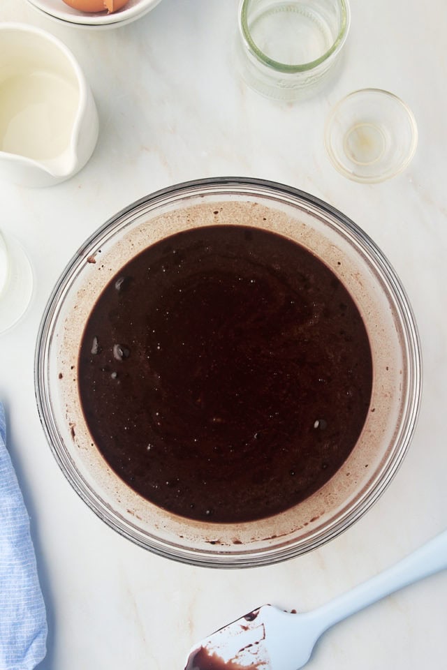 overhead view of mixed one-bowl chocolate cake batter