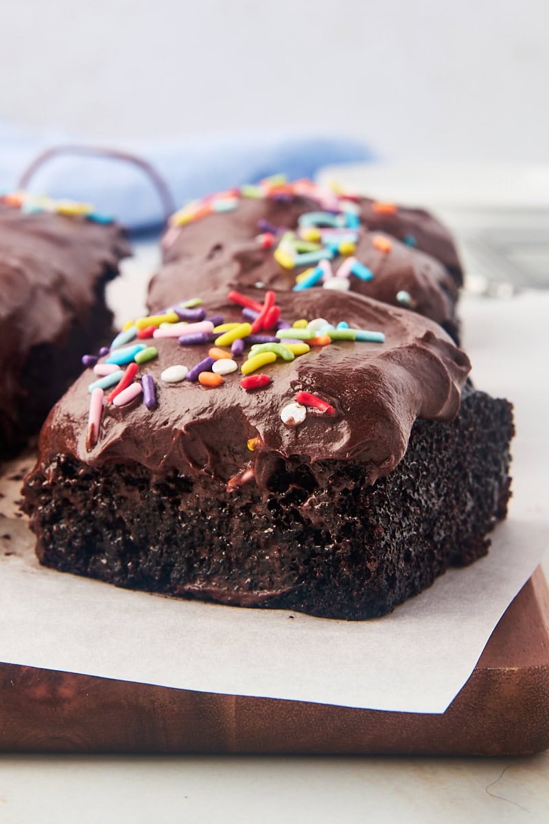 close-up view of a slice of one-bowl chocolate cake