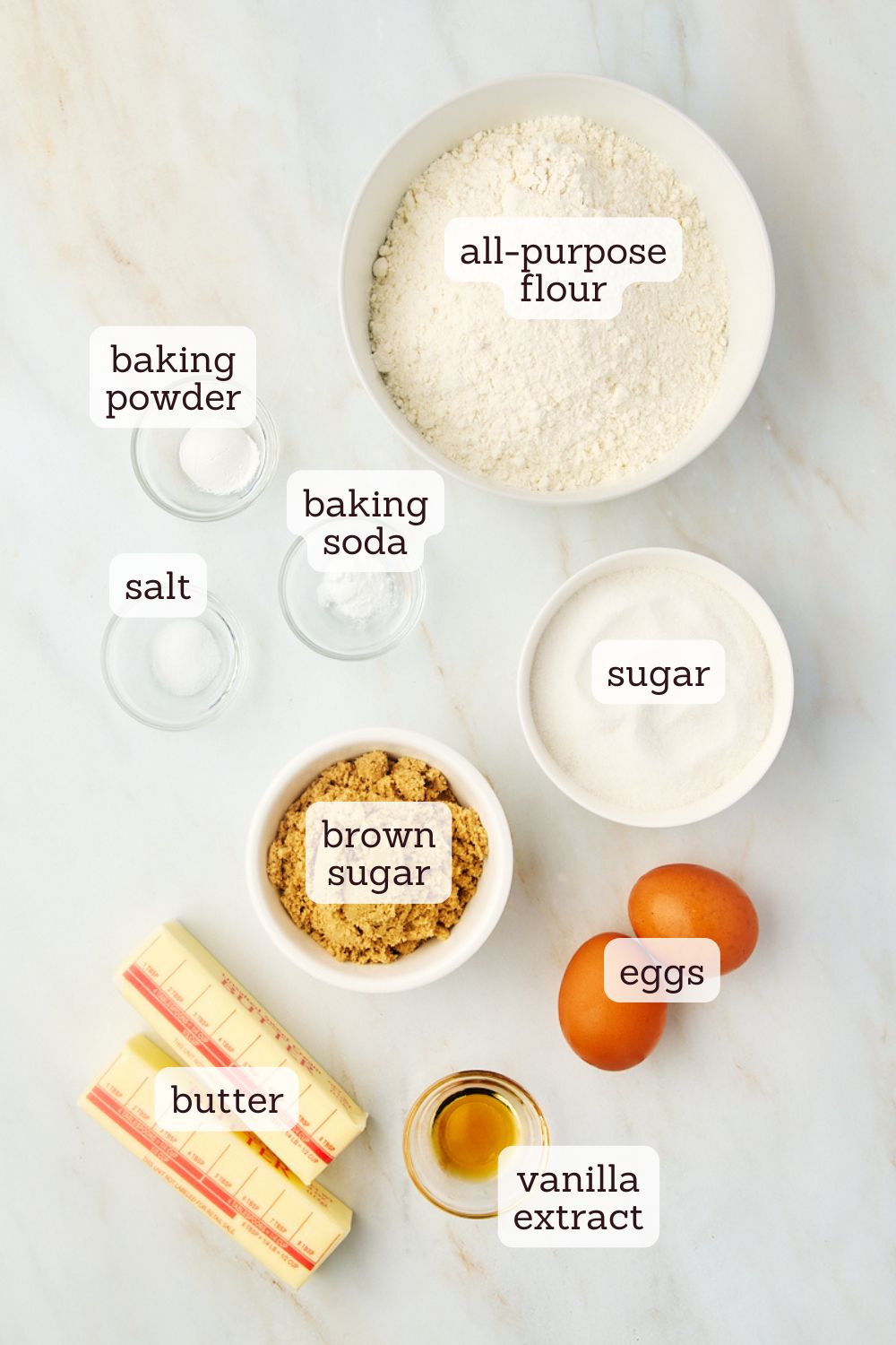 overhead view of labeled ingredients for waffle cookies