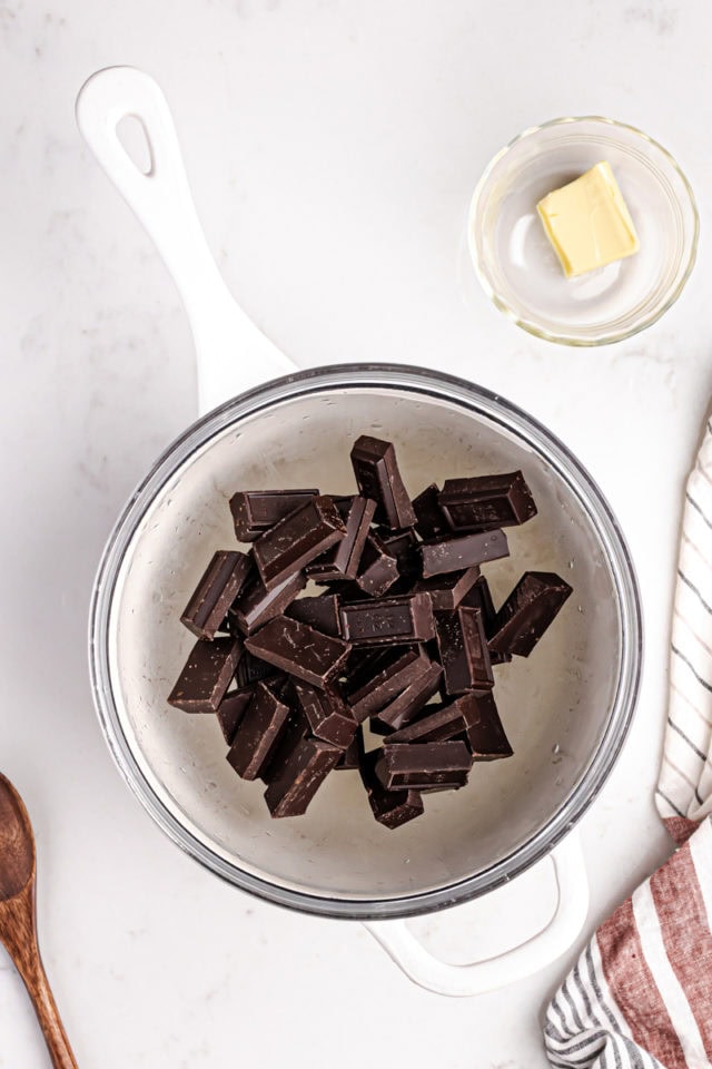 overhead view of chocolate in a double boiler