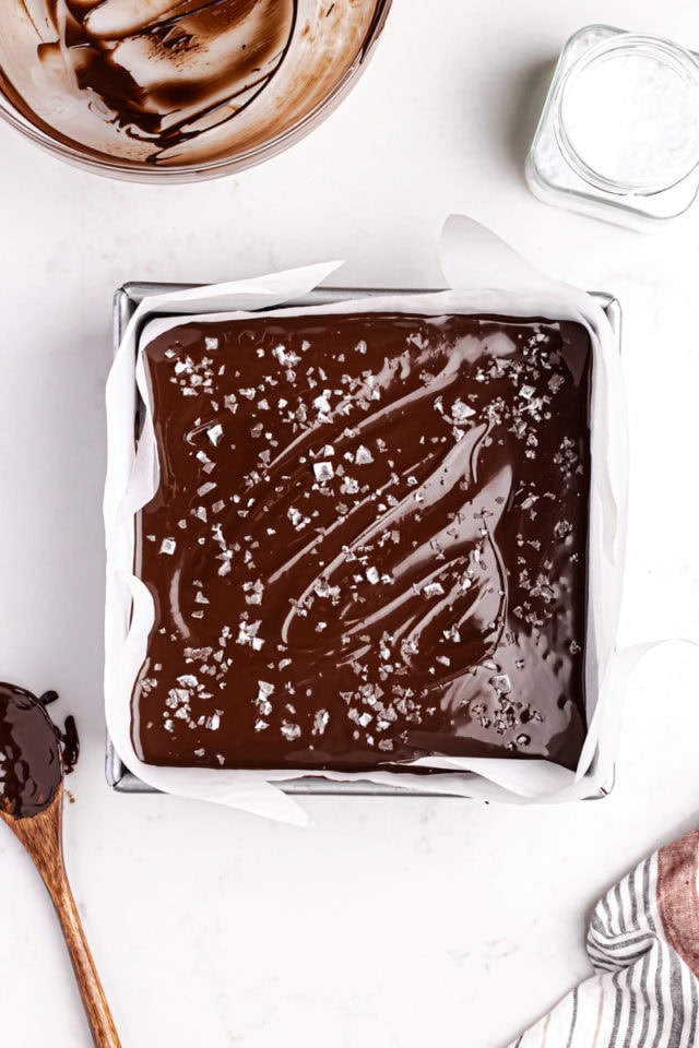 overhead view of millionaire shortbread bars topped with flaky sea salt