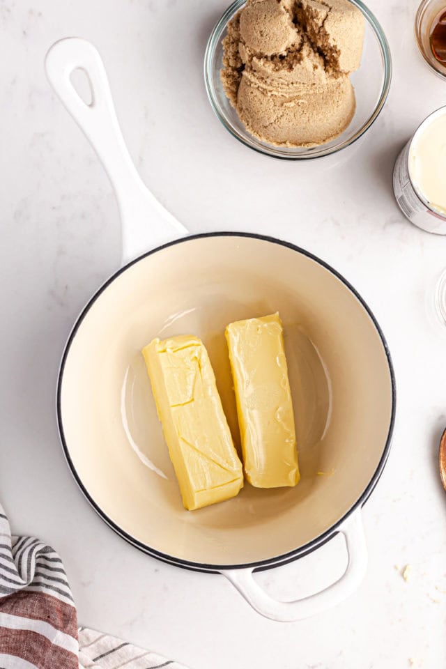 overhead view of butter in a saucepan