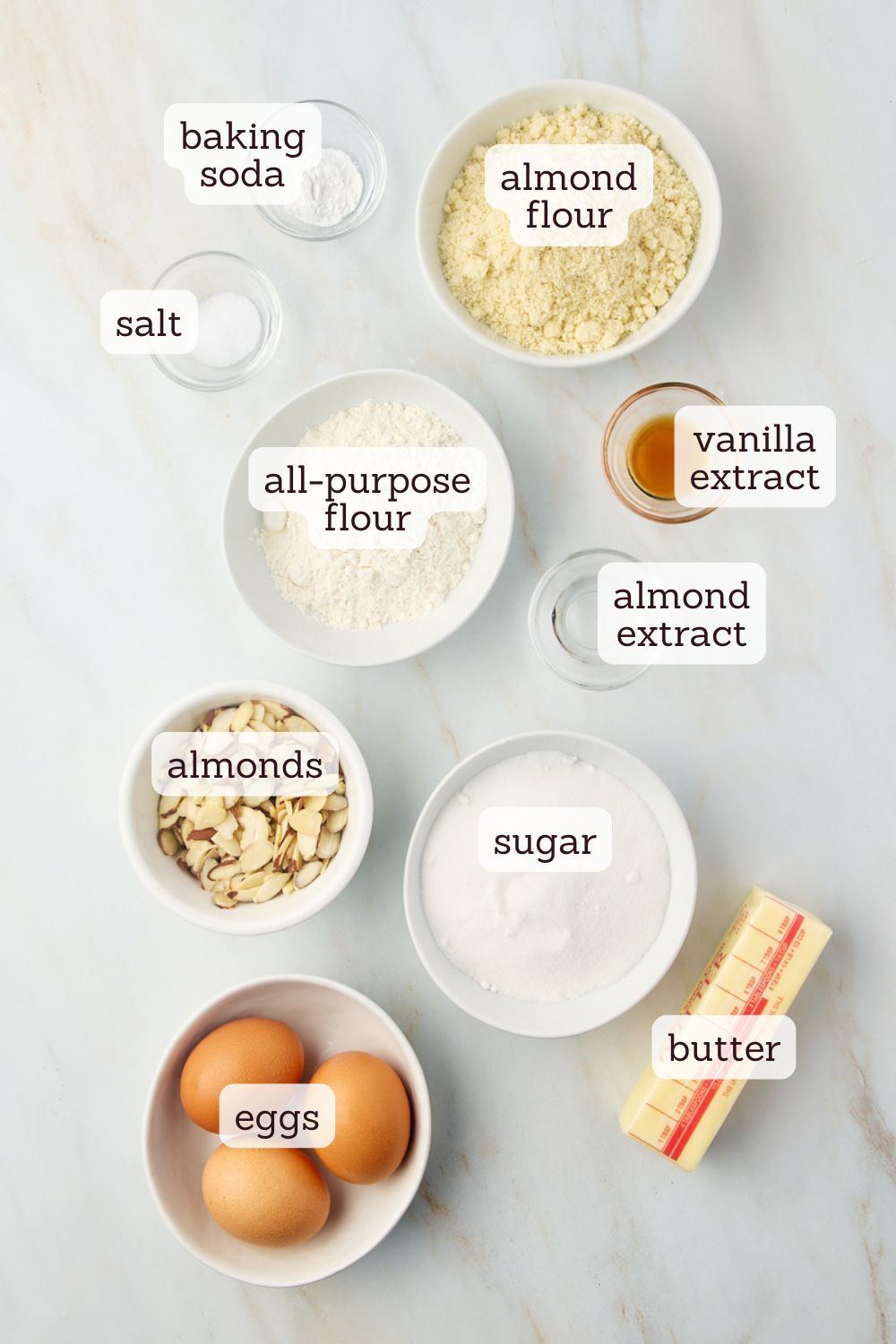 overhead view of ingredients for almond torte