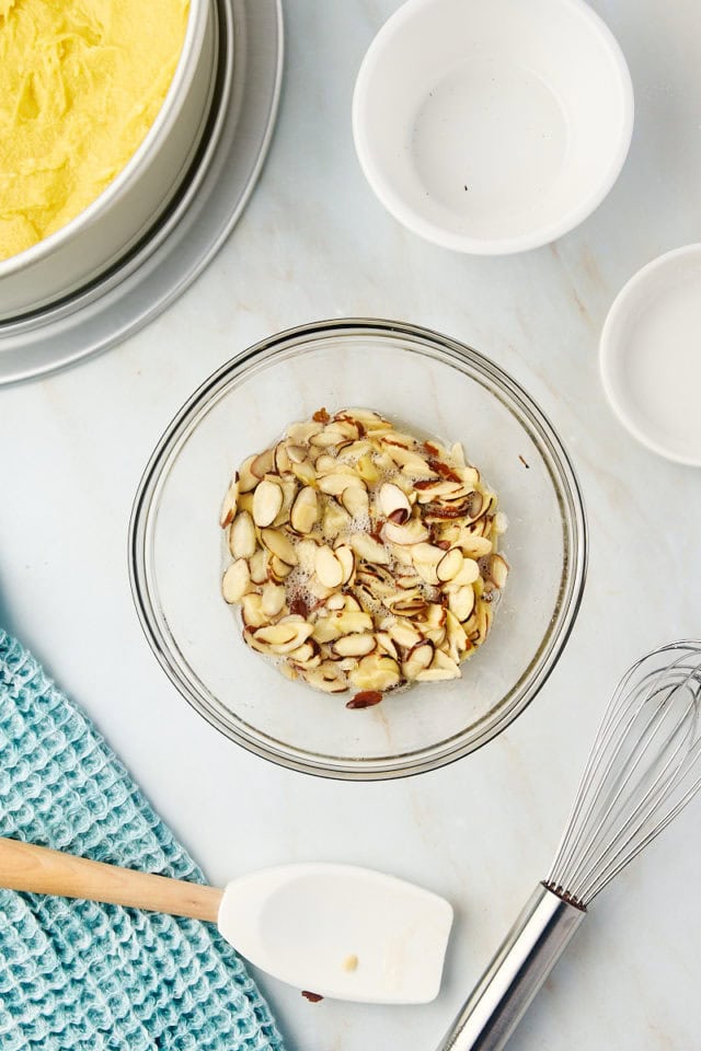 overhead view of almond topping mixture for almond torte