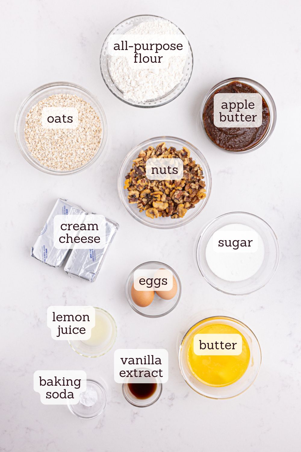 overhead view of ingredients for apple butter cream cheese oat bars