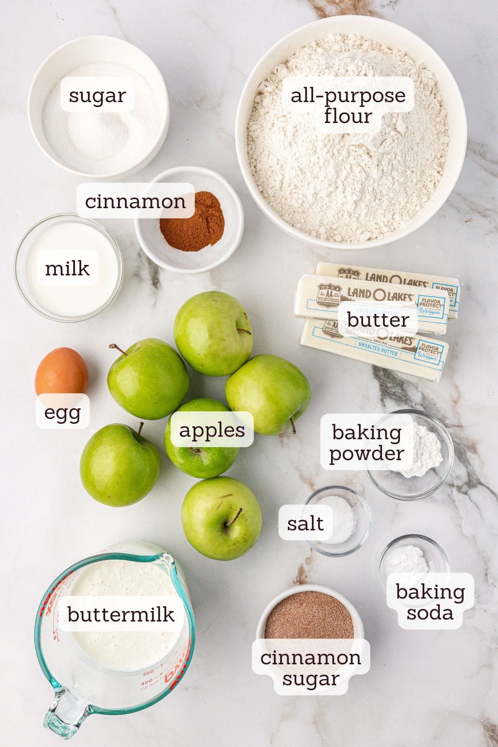 overhead view of labeled ingredients for apple cinnamon scones