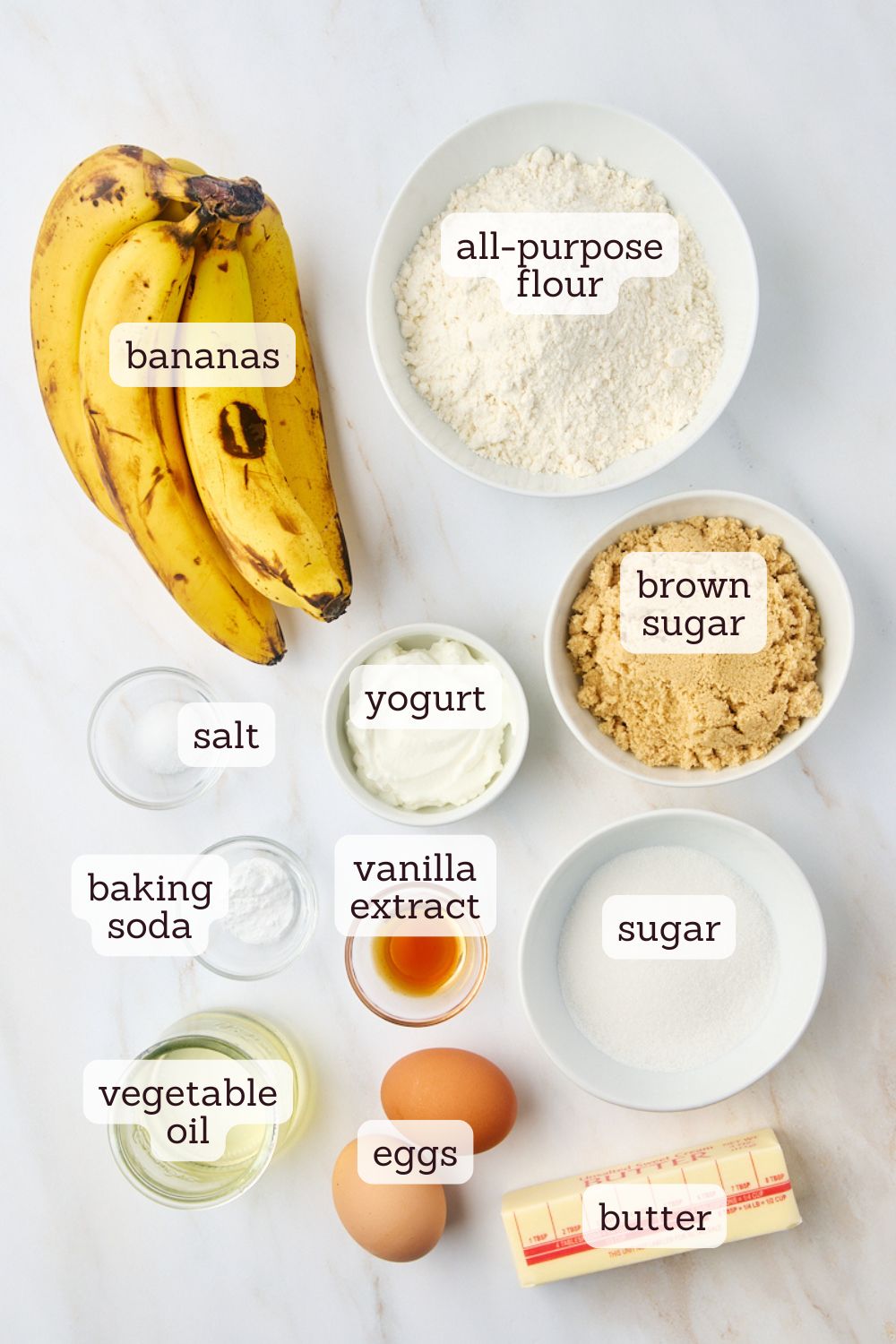 overhead view of ingredients for banana bread