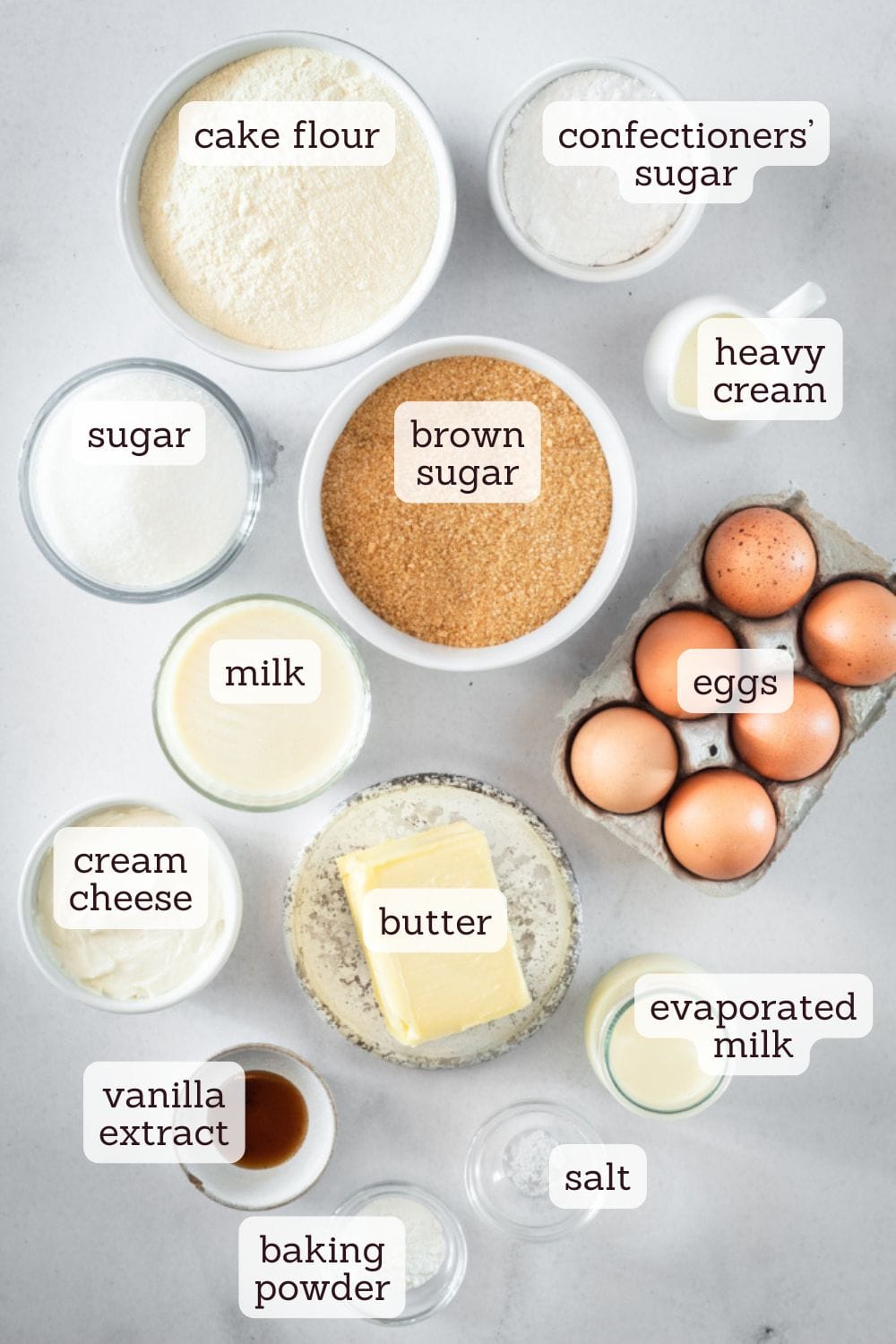 overhead view of labeled ingredients for caramel cake