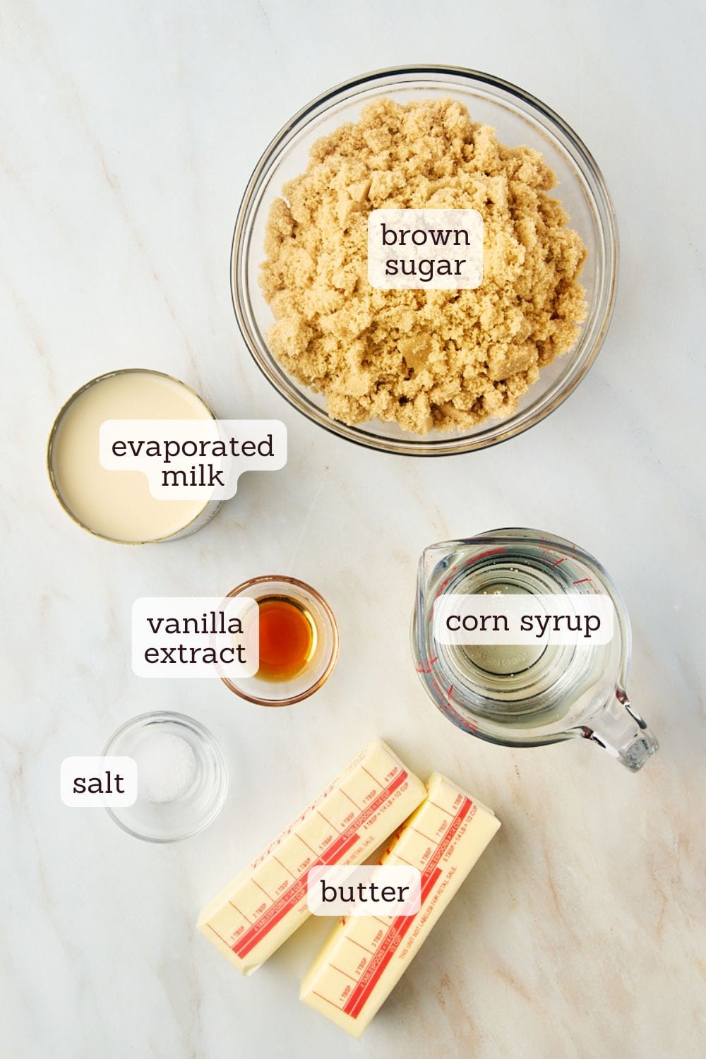 overhead view of labeled ingredients for homemade soft caramels