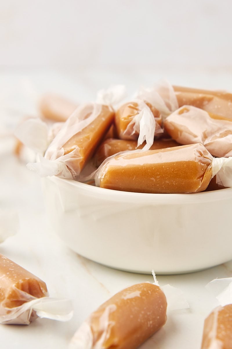 homemade soft caramels in a white bowl