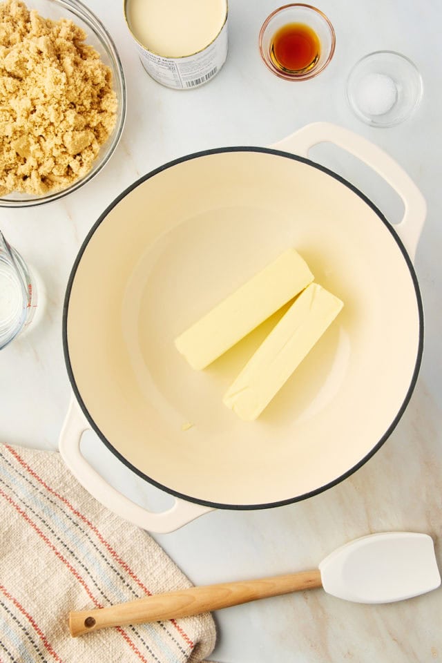 overhead view of butter in a large saucepan