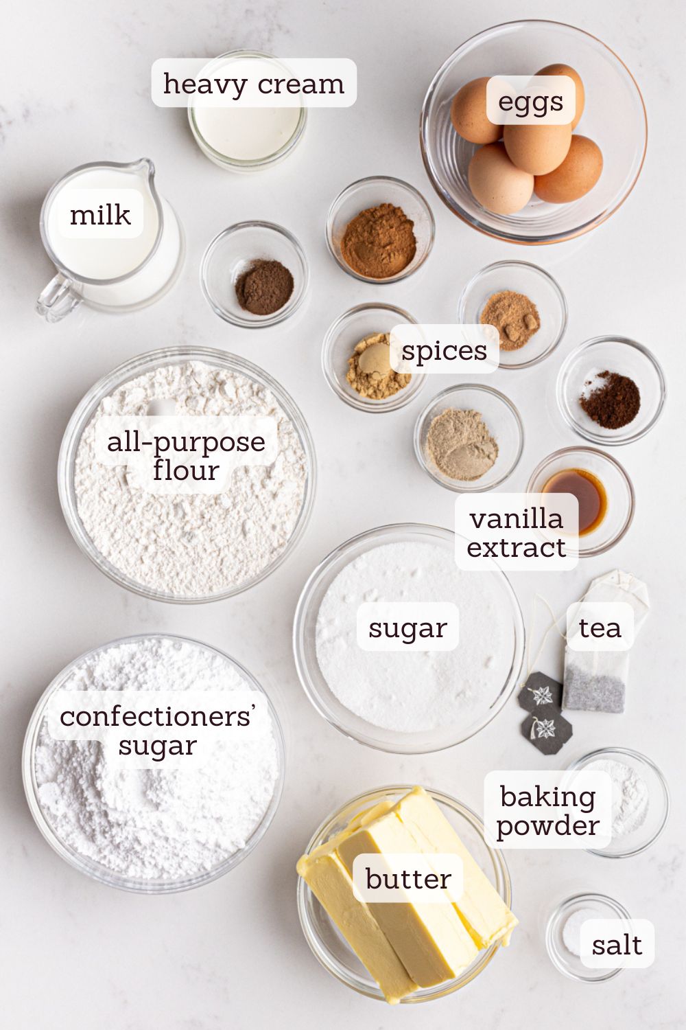 overhead view of labeled ingredients for chai spice cupcakes