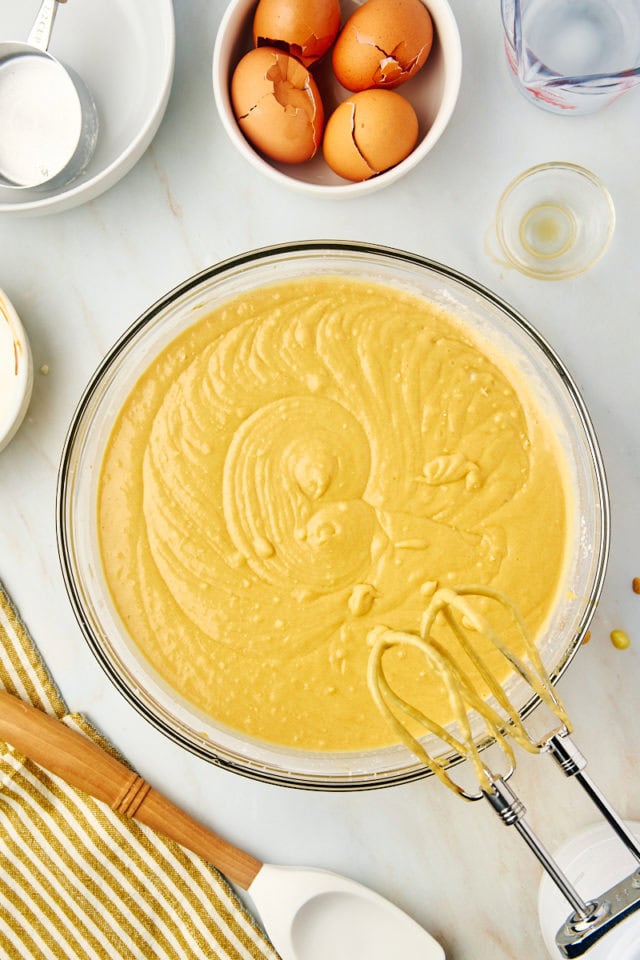 overhead view of mixed dulce de leche cake batter