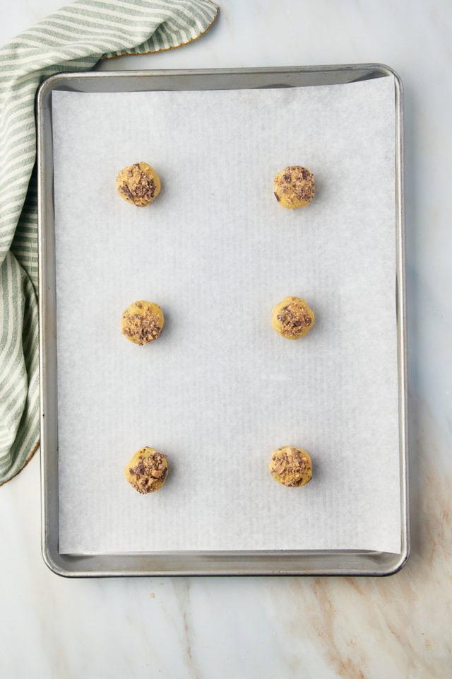 Dough for Heath bar cookies on baking sheet