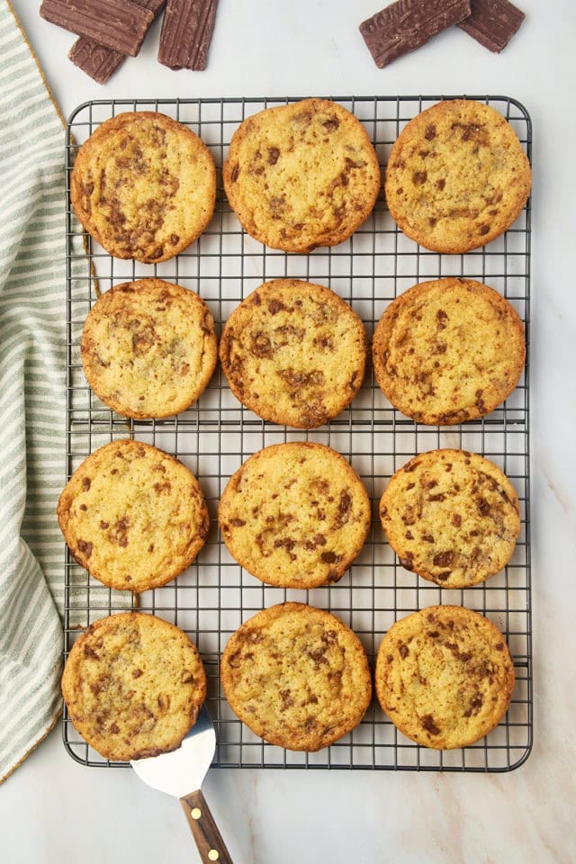 Heath bar cookies on wire cooling rack