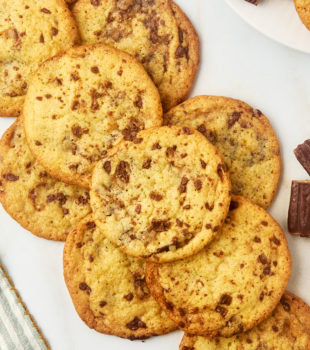 Overhead view of Heath bar cookies on platter