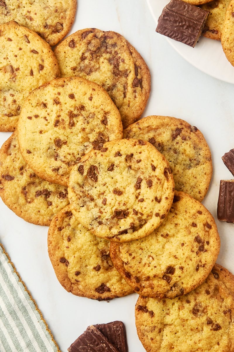 Overhead view of Heath bar cookies on platter